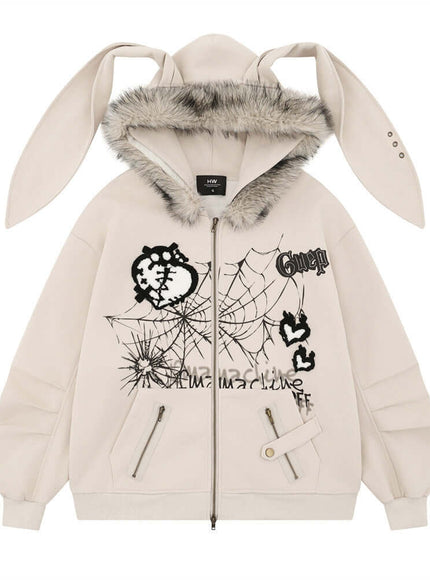 Model wearing Black bunny network card long hooded by Grozavu