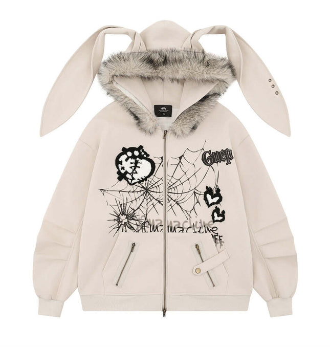Front view of Bunny Network Card Long Hooded - Grozavu brand streetwear