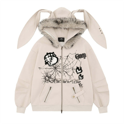 Model wearing Black bunny network card long hooded by Grozavu