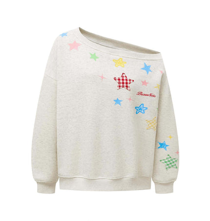 Slanted Shoulder Retro Graffiti Hoodie with colorful star graphics and relaxed fit, perfect for casual autumn wear.