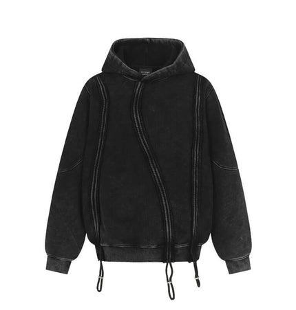 Stripe Patchwork Hoodie – Loose Fit in black with unique line splicing details and adjustable drawstrings.