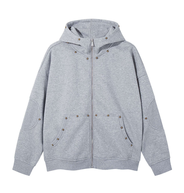 Retro rivet design zipper cardigan hooded jacket