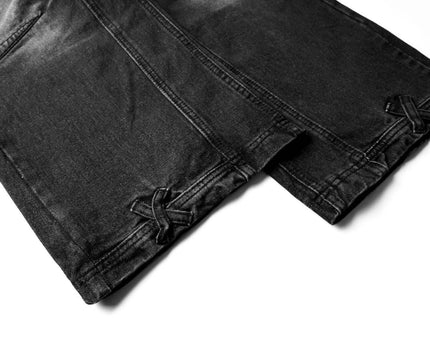 Pantalones de mezclilla reversibles desgastados y plisados de alta calle unisex, de pierna ancha y suelta