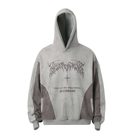 Patchwork High Neck Hoodie – Loose Fit in gray with graphic print and unique panel design.