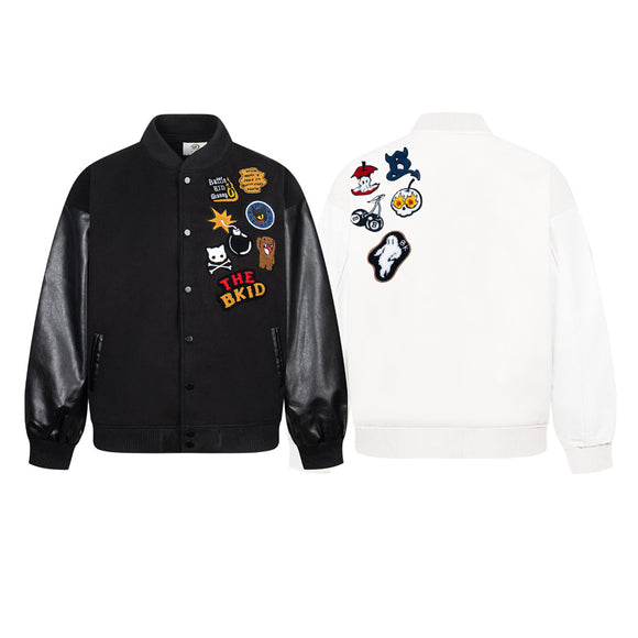 Retro National Trend Cartoon Embroidery Baseball Jacket, Unisex Streetwear, Casual Solid Color College Style Coat
