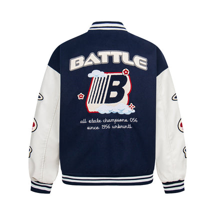 Street Style PU Leather Sleeve Patchwork Baseball Jacket for Men, Loose Fit Slimming Casual Outwear