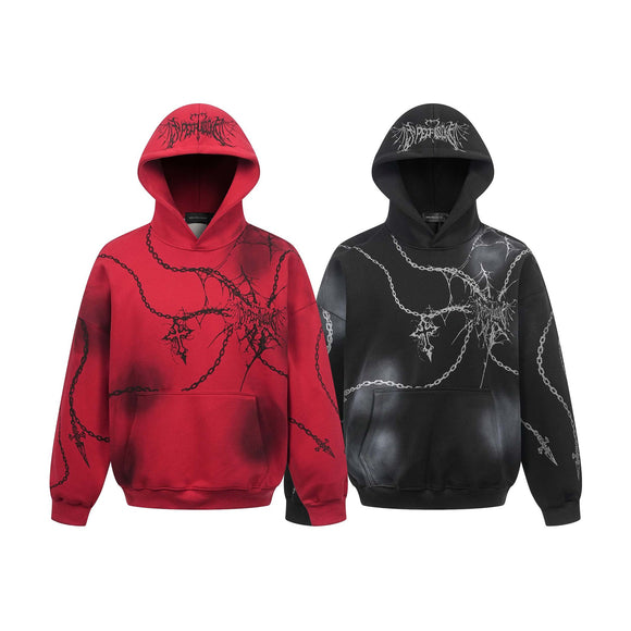 Distressed chain cross hoodie | Streetwear pullover hoodie | Unisex loose fit hoodie | Trendy cross print sweatshirt | Casual street style hoodie | Black and red hoodie