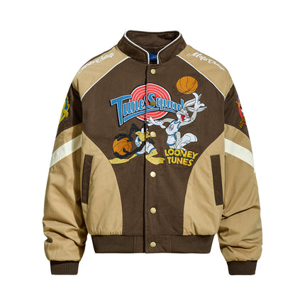 Retro Cartoon Embroidered Color-Blocked Thick Baseball Jacket for Men and Women, Casual Cotton Coat Winter