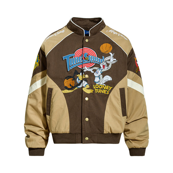 Retro Cartoon Embroidered Color-Blocked Thick Baseball Jacket for Men and Women, Casual Cotton Coat Winter