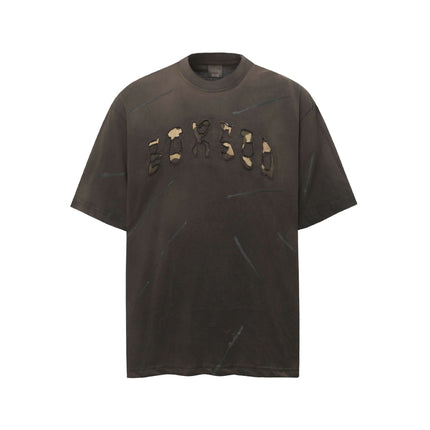 Washed Patchwork Letter T-Shirt – Loose Fit in dark color with embroidery and relaxed fit for summer style.