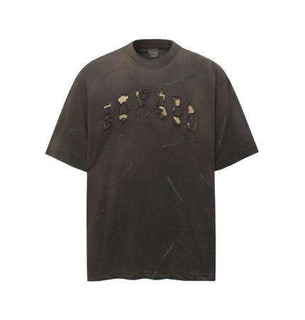 Washed Patchwork Letter TShirt – Loose Fit featuring unique letter embroidery and relaxed fit design.