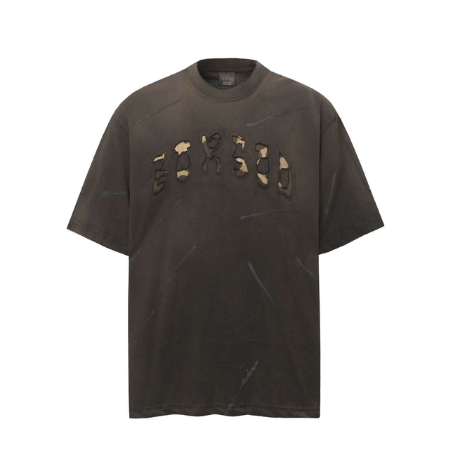 Washed Patchwork Letter T-Shirt – Loose Fit in dark color with embroidery and relaxed fit for summer style.