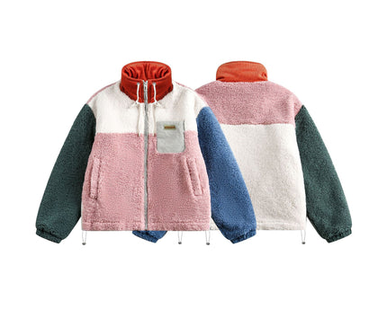 Color-blocked Lamb Velvet Stand-up Collar Patchwork Quilted Jacket