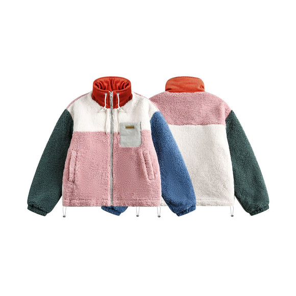 Color-blocked Lamb Velvet Stand-up Collar Patchwork Quilted Jacket