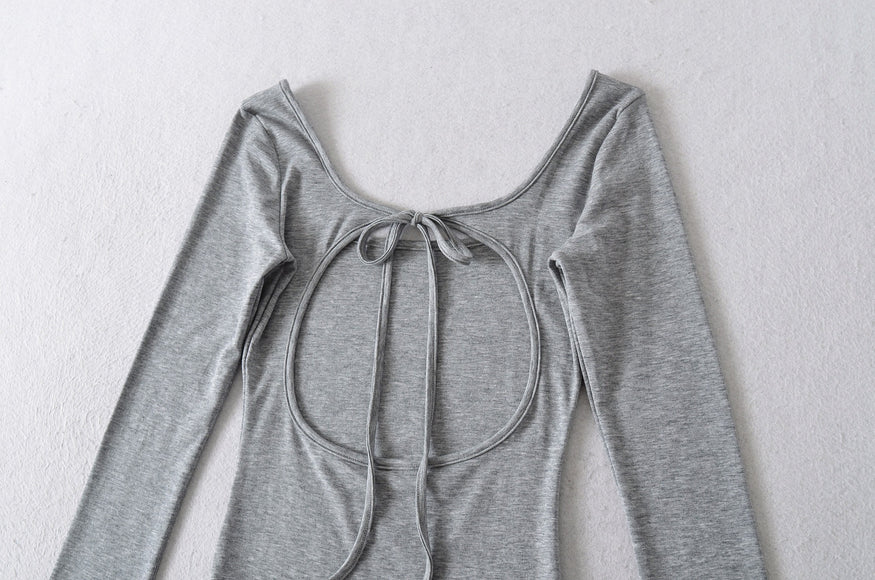 U-neck Striped Long Sleeved Elastic T-shirt Tight Top