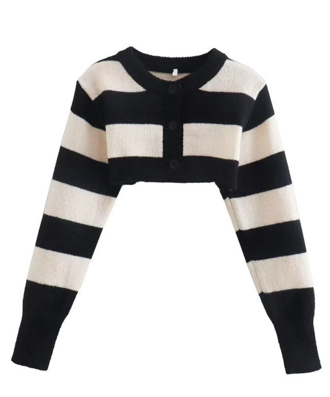 Grozavu's Black and White Striped Knitted Sweater: Crop Top for Women