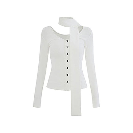 Seductive V-Neck Long Sleeve T-Shirt for Women,  Elegant Fitted Style with Ribbon Detail Design
