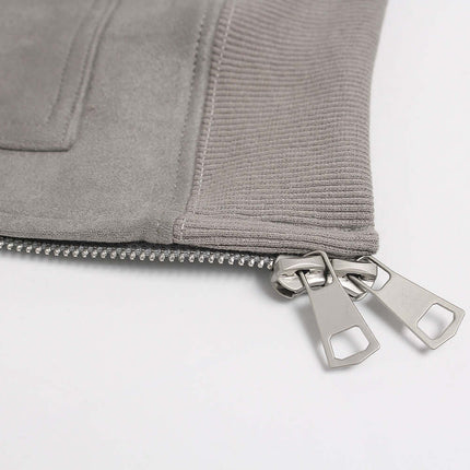 Faux Suede Print Zip-Up Hoodie – Loose Fit showing the detailed zipper and fabric texture.