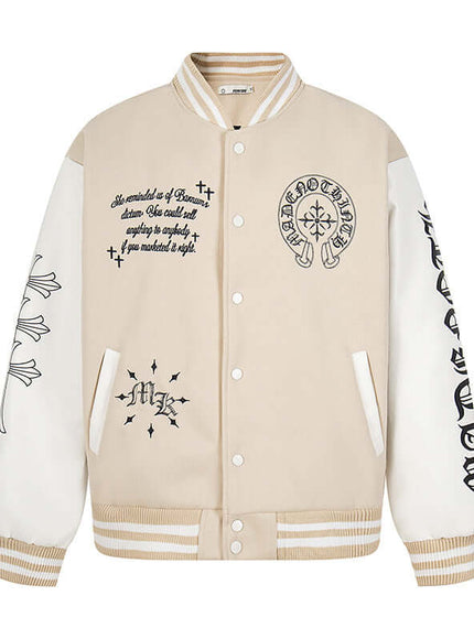 Model wearing Apricot stitch baseball jacket, street coat by Grozavu