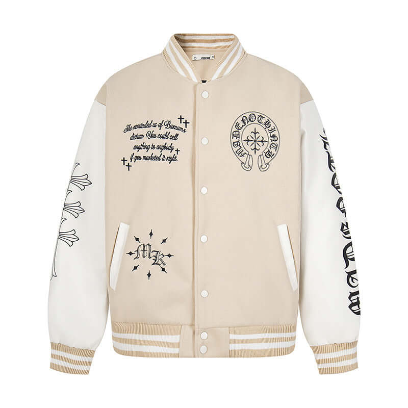 Model wearing Apricot stitch baseball jacket, street coat by Grozavu