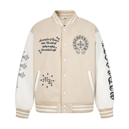 Model wearing Apricot stitch baseball jacket, street coat by Grozavu