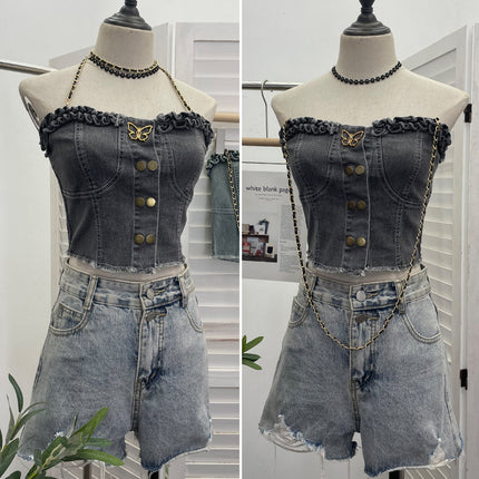 Débardeur sans bretelles ajusté en denim avec boucle