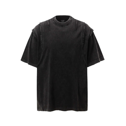 Washed Spliced Distressed T-Shirt – Loose Fit in black with relaxed fit and premium cotton fabric.