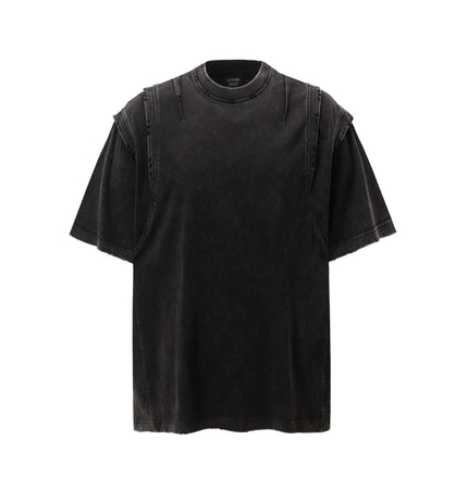 Washed Spliced Distressed TShirt – Loose Fit featuring a relaxed design with collage detailing for a casual hip-hop look.