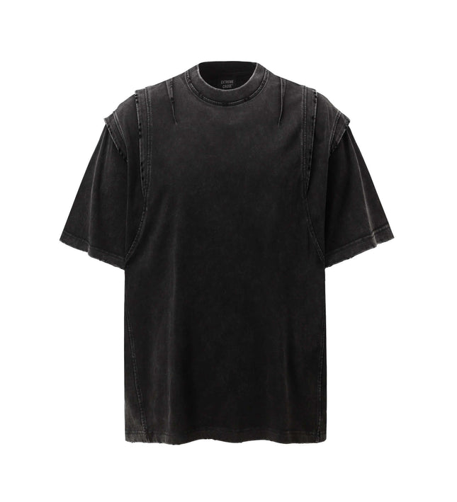 Washed Spliced Distressed T-Shirt – Loose Fit in black with relaxed fit and premium cotton fabric.