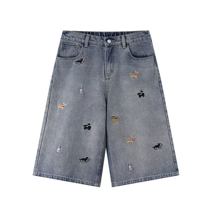 Cartoon Dog Embroidered Denim Shorts – Loose Fit