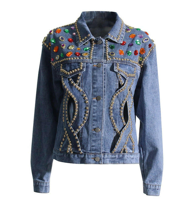 Grozavu's Patchwork Hit Color Denim Jacket: Fashionable Hollow-Out Design at €90.99