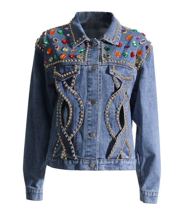 Grozavu's Patchwork Hit Color Denim Jacket: Fashionable Hollow-Out Design