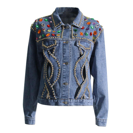 Grozavu's Patchwork Hit Color Denim Jacket: Fashionable Hollow-Out Design at €90.99