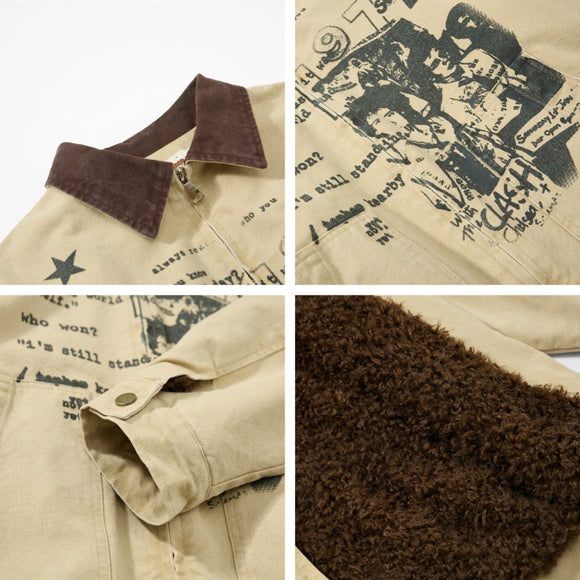Vintage Portrait Letter Print Patchwork Workwear Turn-down Collar Jacket for Men and Women, Loose Casual Autumn/Winter Fleece Lined Outerwear