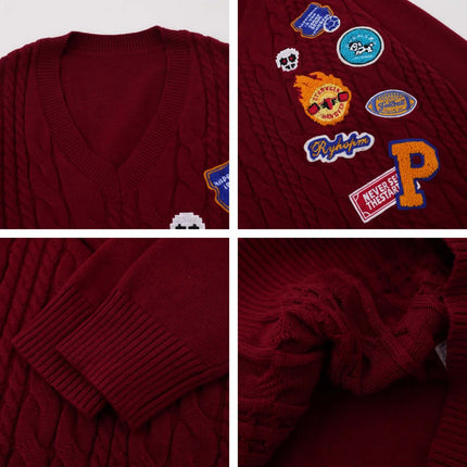 Embroidered Cable Knit VNeck Sweater