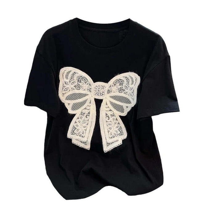 Front view of Knitted Bow Detail Tee - Grozavu brand streetwear