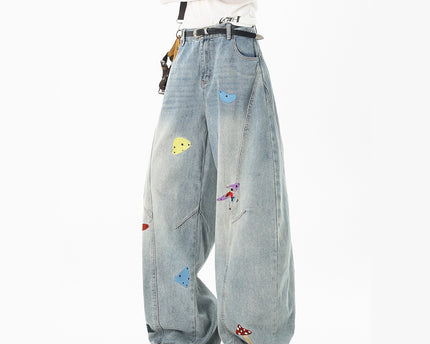 High Street Fun Patchwork Jeans Men Autumn Trendy Deconstructed Embroidered Knife Pants Cleanfit Washed Straight Leg Pants