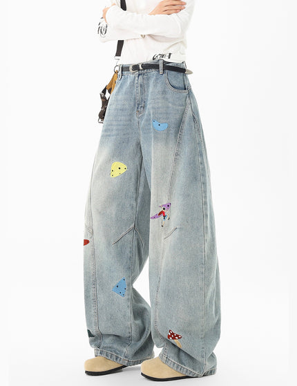 High Street Fun Patchwork Jeans Men Autumn Trendy Deconstructed Embroidered Knife Pants Cleanfit Washed Straight Leg Pants