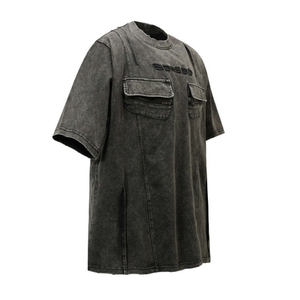 Retro Washed Pocket Embroidery T-Shirt – Loose Fit with two pockets and a relaxed, premium style.