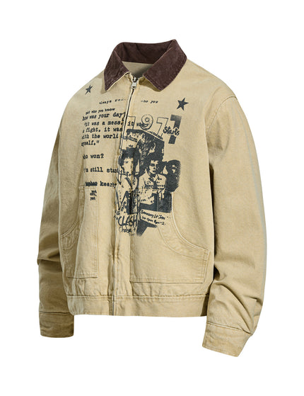 Vintage Portrait Letter Print Patchwork Turn-down Collar Jacket