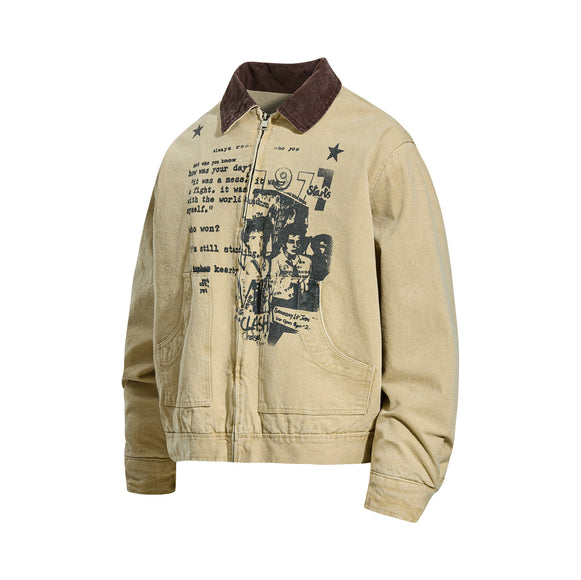 Vintage Portrait Letter Print Patchwork Workwear Turn-down Collar Jacket for Men and Women, Loose Casual Autumn/Winter Fleece Lined Outerwear