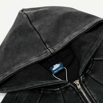 Washed Zip Hoodie Jacket – Loose Fit close-up of hood and zipper detail on a casual sweatshirt.