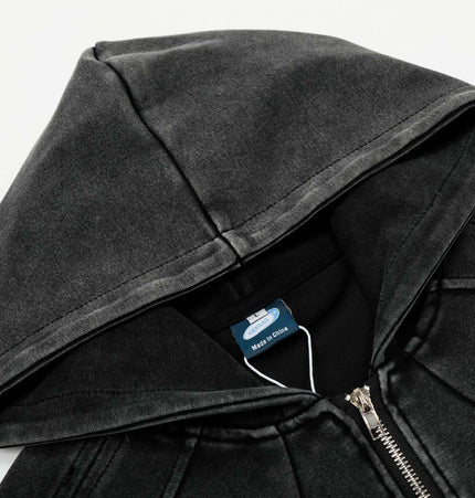 Washed Zip Hoodie Jacket – Loose Fit close-up of hood and zipper detail on a casual sweatshirt.