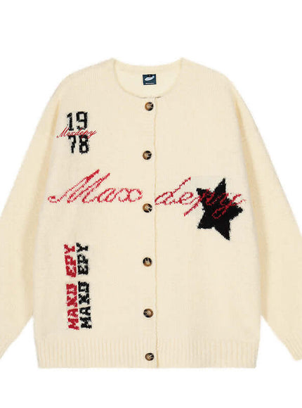 Model wearing Apricot jacquard knit sweater by Grozavu