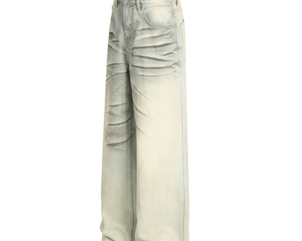 Vintage Blue Cat-Scratch Pattern Loose Fit Unisex Denim Pants