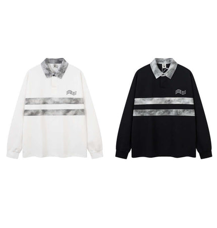 Retro Embroidered Patchwork Polo Hoodie in black and white, featuring stylish striped design and modern street fashion appeal.