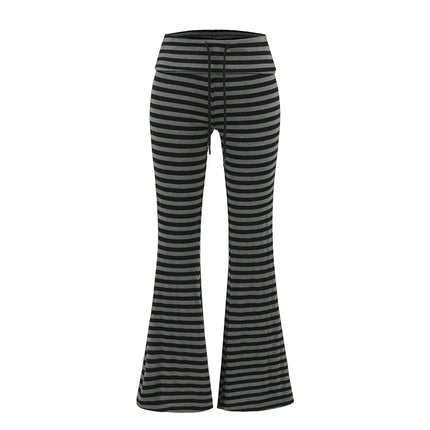 High waisted knitted flared black gray striped tight fit elastic micro flared pants
