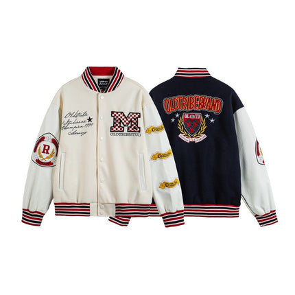 Brand Letter Emblem Leather Patchwork Baseball Jacket Men