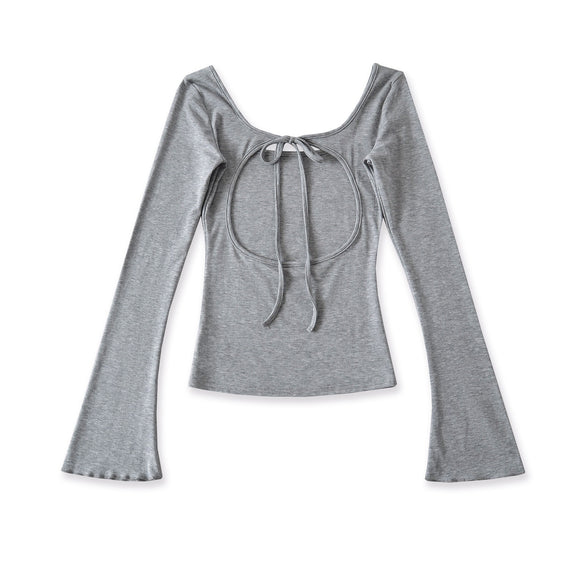 U-neck Striped Long Sleeved Elastic T-shirt Tight Top