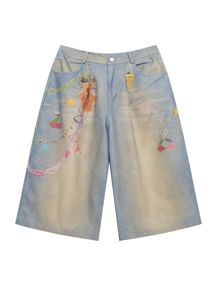 Model wearing Blue cartoon chain print wide shorts by Grozavu